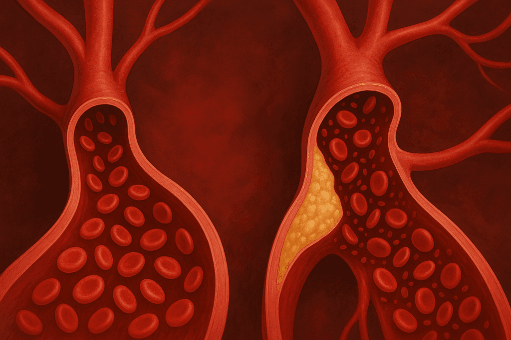 Endurance Training and Heart Health: What Causes Cardiovascular Disease and How Smart Fitness Can Reduce Your Risk 1 Cross-section illustration showing what causes cardiovascular disease, with plaque buildup narrowing one artery and smooth blood flow in a healthy vessel.