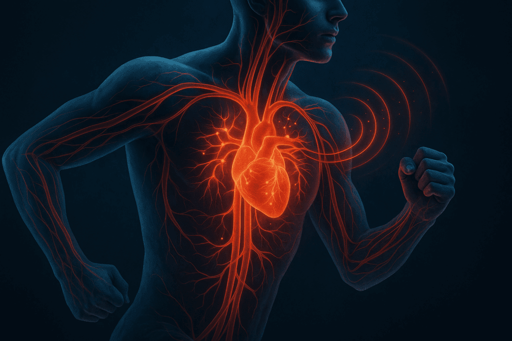 Endurance Training and Heart Health: What Causes Cardiovascular Disease and How Smart Fitness Can Reduce Your Risk 3 Human torso mid-run with glowing arteries and heart illustrating what causes cardiovascular disease through poor circulation and heart strain