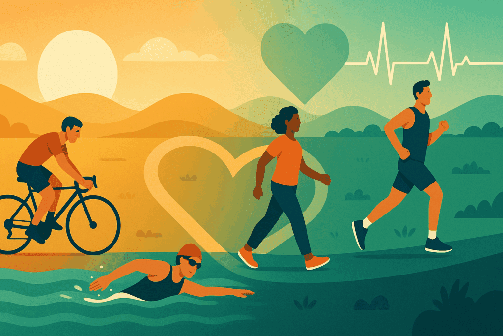 Endurance Training and Heart Health: What Causes Cardiovascular Disease and How Smart Fitness Can Reduce Your Risk 4 People cycling, swimming, walking, and running along a heart-shaped trail and pulse-line sky, visually representing what causes cardiovascular disease prevention through endurance training