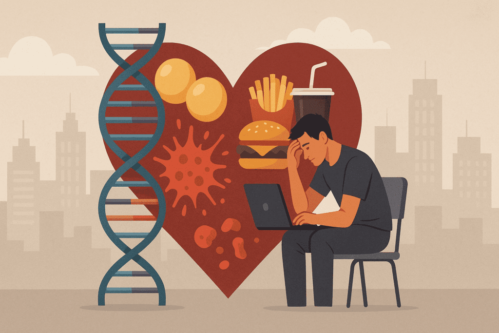 Endurance Training and Heart Health: What Causes Cardiovascular Disease and How Smart Fitness Can Reduce Your Risk 7 Illustration showing what causes cardiovascular disease with DNA, fat cells, inflammation, junk food, stress, and a city backdrop.