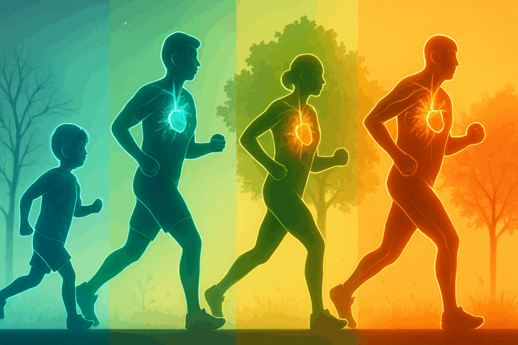 Endurance Training and Heart Health: What Causes Cardiovascular Disease and How Smart Fitness Can Reduce Your Risk 8 Silhouettes of a child, adult, and senior jogging through changing seasons with glowing hearts, illustrating what causes cardiovascular disease prevention through lifelong fitness.