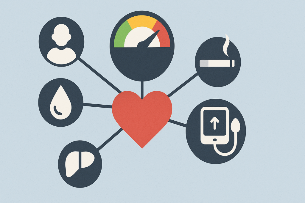 Endurance Training and Heart Health: What Causes Cardiovascular Disease and How Smart Fitness Can Reduce Your Risk 5 Infographic illustrating what causes cardiovascular disease, with visual representations of key risk factors: aging, cholesterol, smoking, blood pressure, and a heart at the center, connected by lines to circular icons for each factor.