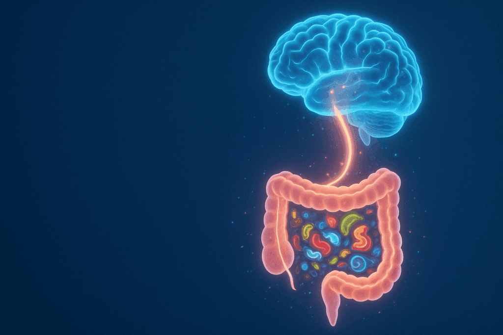 Abstract illustration of the gut-brain axis showing microbiota in the intestines and neural signals to the brain, symbolizing how eating anything makes me depressed