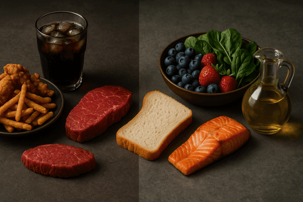 Contrast of inflammatory and anti-inflammatory foods highlighting how eating anything makes me depressed when choosing unhealthy options