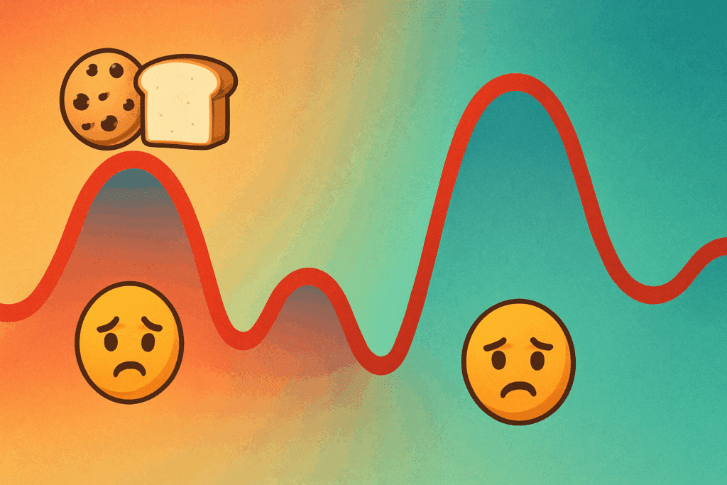 Blood sugar rollercoaster with spikes showing cookies and bread, and emotional crashes in valleys, visualizing how eating anything makes me depressed.