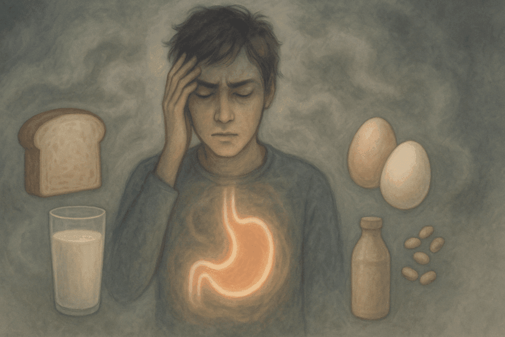 Person surrounded by bread, milk, eggs, and soy with a glowing stomach and distressed expression, illustrating how eating anything makes me depressed.