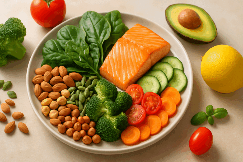 Plate of nutrient-rich whole foods including salmon, leafy greens, and nuts, illustrating how eating anything makes me depressed when nutrition is lacking.