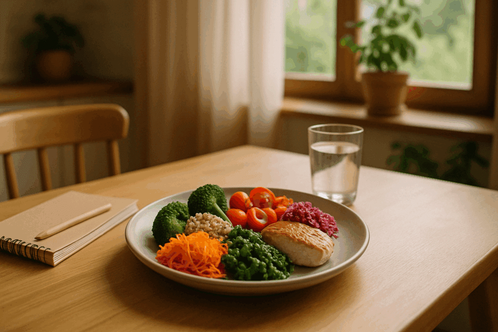 Balanced meal of vegetables, grains, and lean protein on a wooden table with a journal and water, illustrating how eating anything makes me depressed in a wellness context.