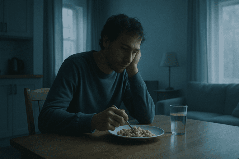 Man eating alone at a dimly lit table with slouched posture and distant gaze, reflecting how eating anything makes me depressed.
