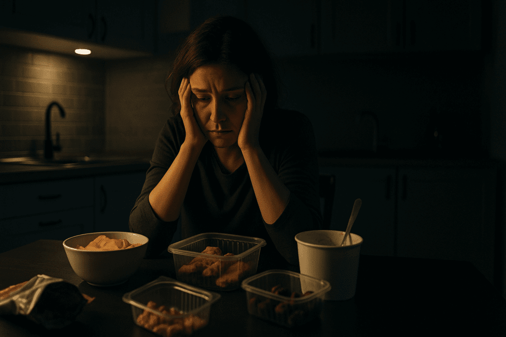 Woman in a dimly lit kitchen at night surrounded by open food containers, reflecting the emotional toll behind Online Support Groups for Overeating and Binge Eating.