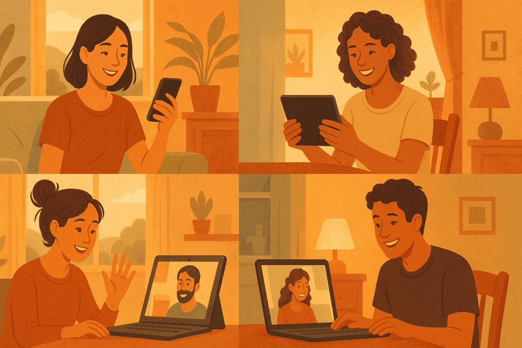 People in warm home settings using laptops and mobile devices to connect via video chat, representing Online Support Groups for Overeating and Binge Eating.