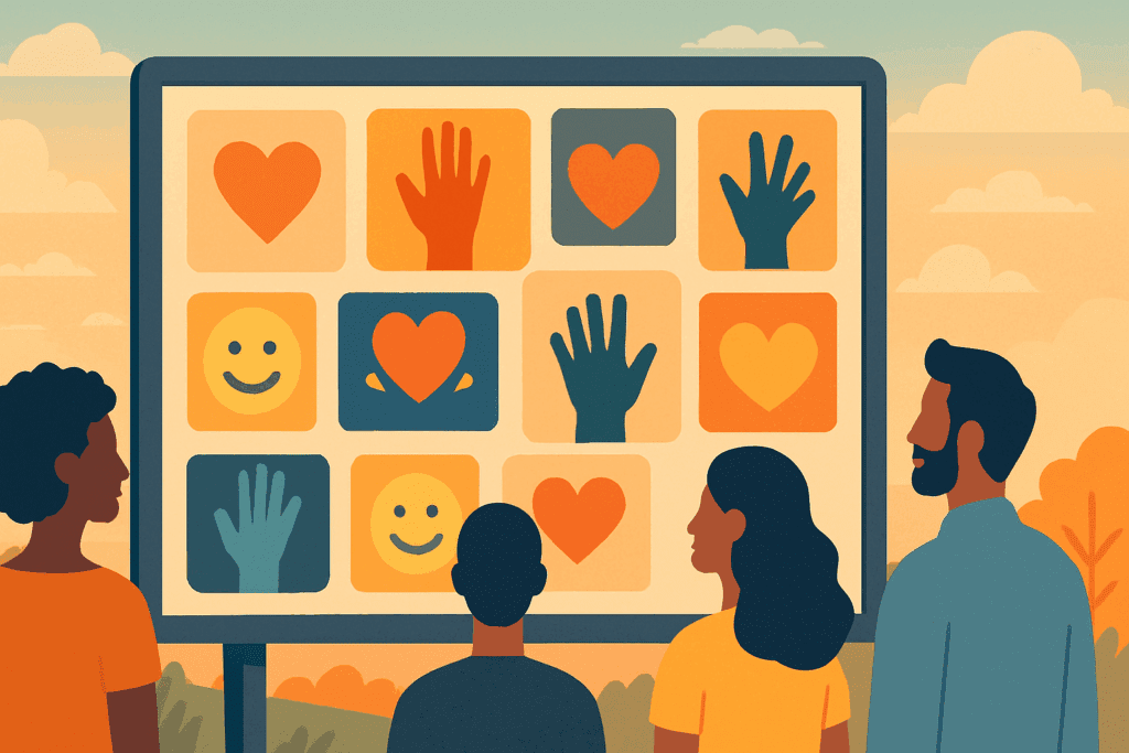 Digital message board with hearts, raised hands, and smiley symbols, surrounded by diverse avatars, symbolizing community in Online Support Groups for Overeating and Binge Eating