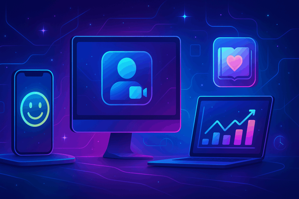Futuristic digital workspace with tools for video calls, journaling, and mood tracking, symbolizing Online Support Groups for Overeating and Binge Eating