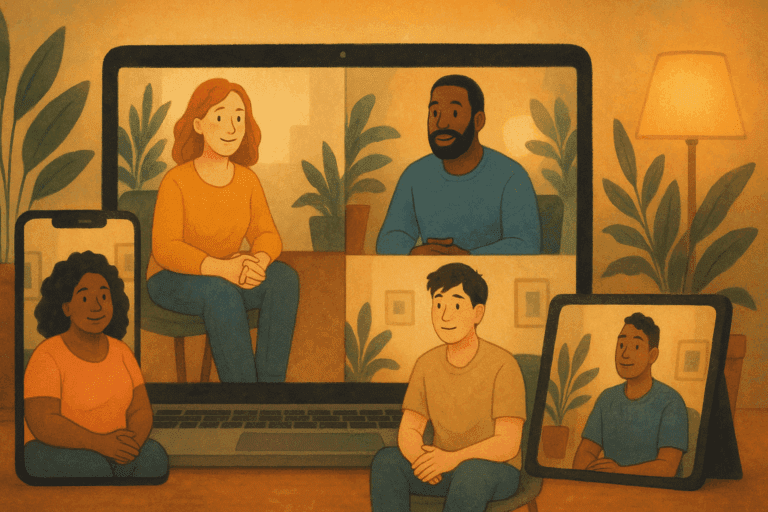Diverse people attending a virtual meeting on screens in cozy settings, symbolizing Online Support Groups for Overeating and Binge Eating