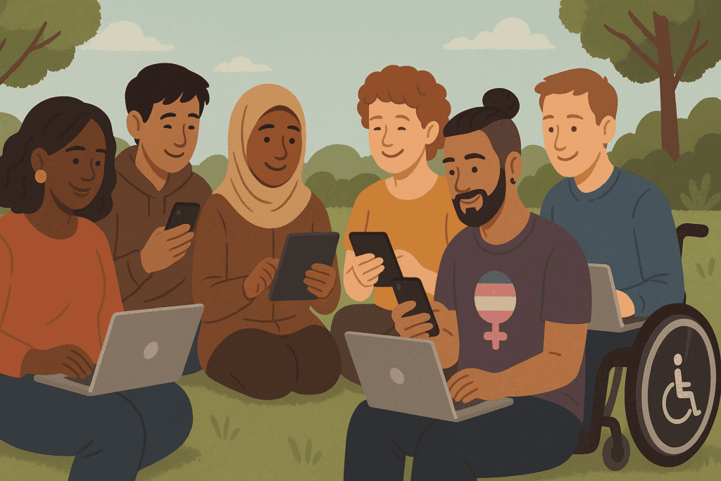 Diverse group of people from marginalized communities using laptops and phones outdoors, symbolizing connection through Online Support Groups for Overeating and Binge Eating
