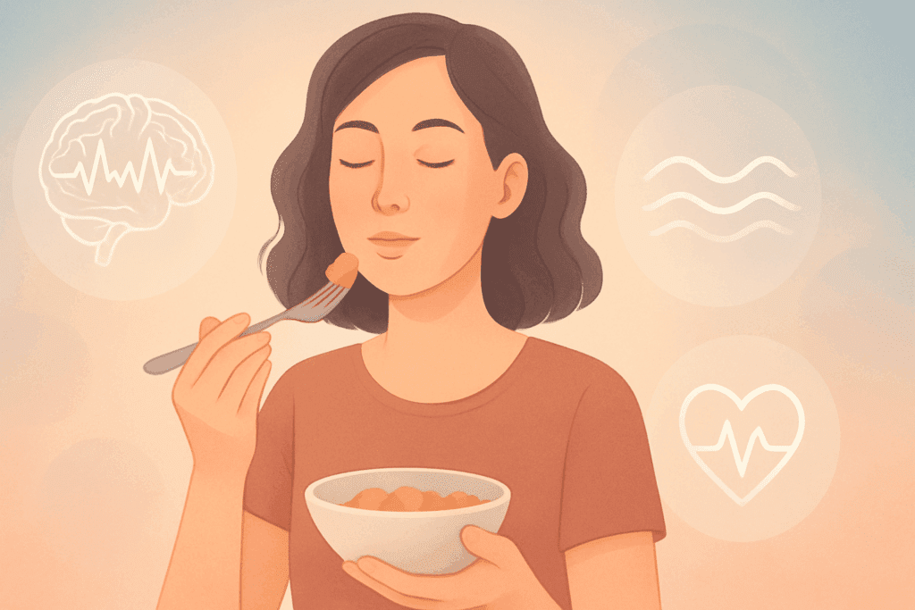 Healthy Habits for Recovery: How Mindful Eating Can Support Those Living with Bulimia Nervosa 2 Woman practicing mindful eating with calm expression, surrounded by brain, wave, and heart icons symbolizing Healthy Habits for Recovery