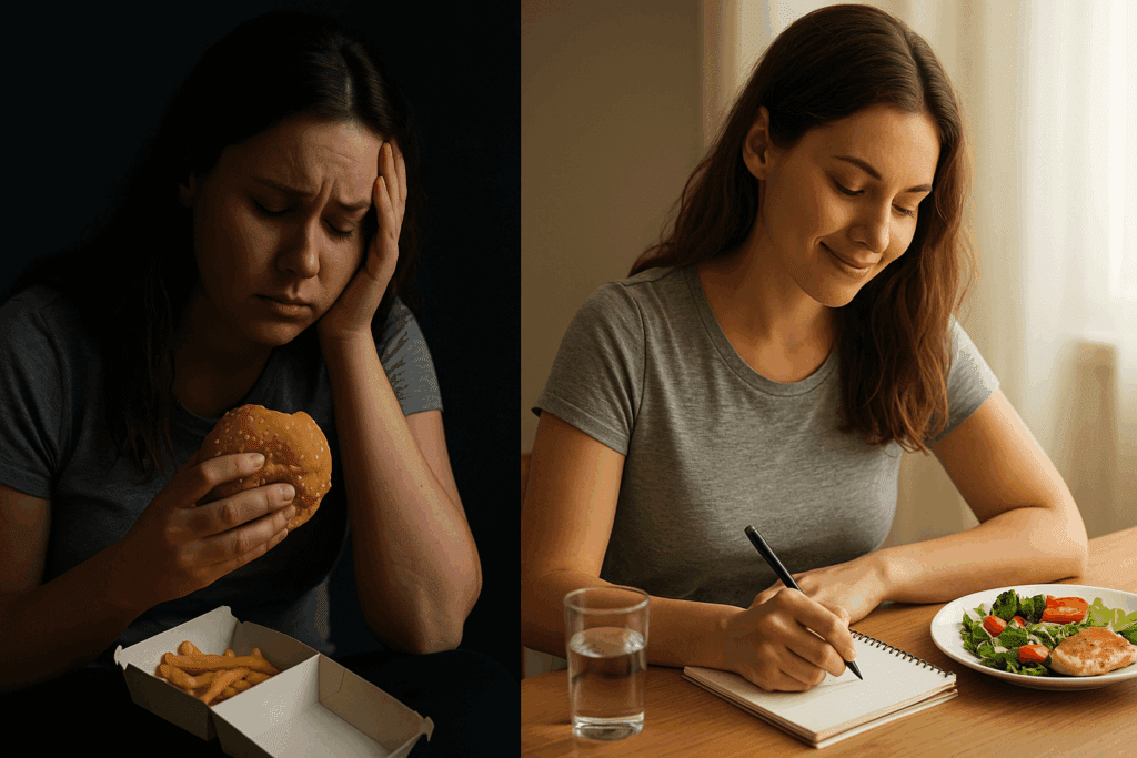 Healthy Habits for Recovery: How Mindful Eating Can Support Those Living with Bulimia Nervosa 3 Woman transitioning from emotional eating to mindful journaling and balanced meals, symbolizing healthy habits for recovery