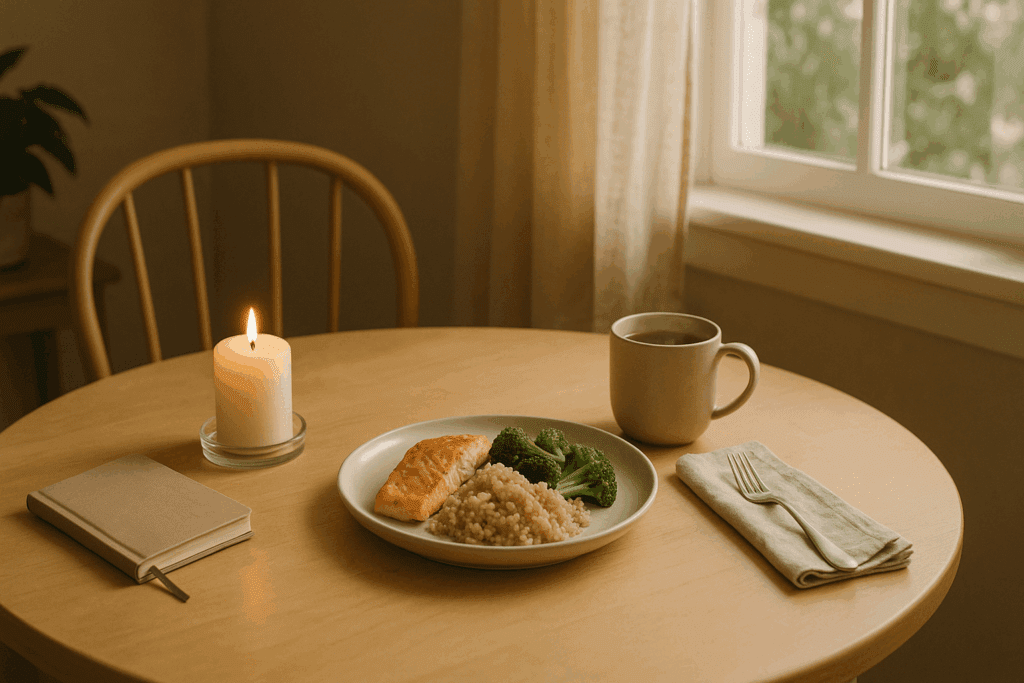 Healthy Habits for Recovery: How Mindful Eating Can Support Those Living with Bulimia Nervosa 4 Wholesome solo meal with salmon, broccoli, and tea in a sunlit dining nook promoting healthy habits for recovery