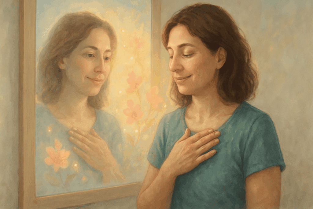 Healthy Habits for Recovery: How Mindful Eating Can Support Those Living with Bulimia Nervosa 5 Woman with hand over heart gazing softly into mirror, surrounded by pastel blooms symbolizing compassion and healthy habits for recovery