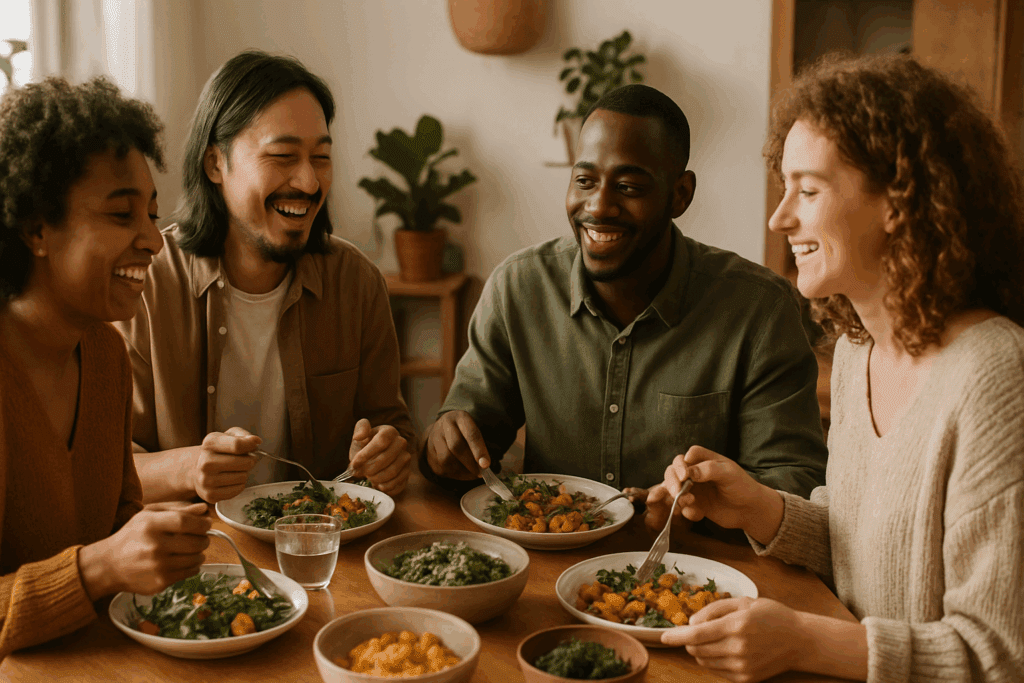 Healthy Habits for Recovery: How Mindful Eating Can Support Those Living with Bulimia Nervosa 6 Diverse group of friends sharing a mindful meal together, highlighting social connection as part of healthy habits for recovery