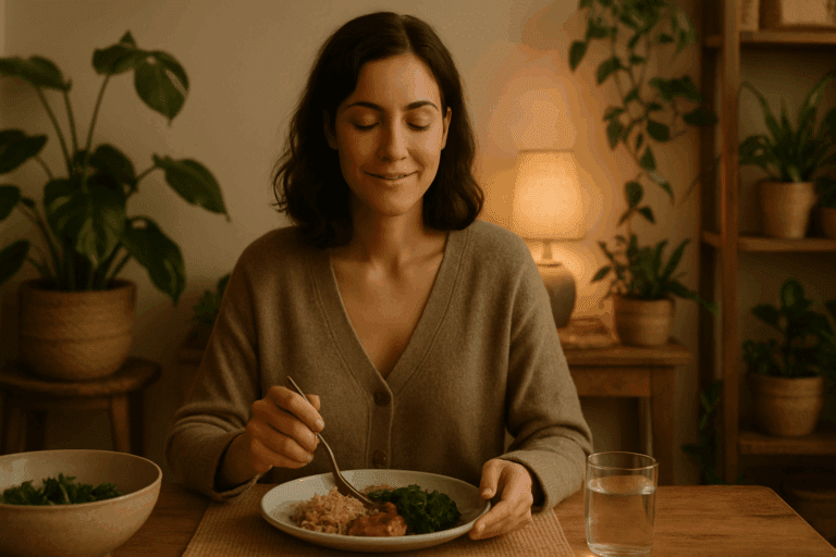 Woman peacefully enjoying a quiet dinner in a cozy, plant-filled room, practicing mindful eating as part of healthy habits for recovery.