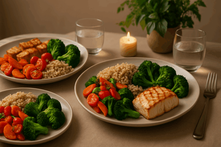 Grilled fish, tofu, and colorful vegetables with whole grains served as healthy low fat dinners for 2 on an elegant candlelit table.
