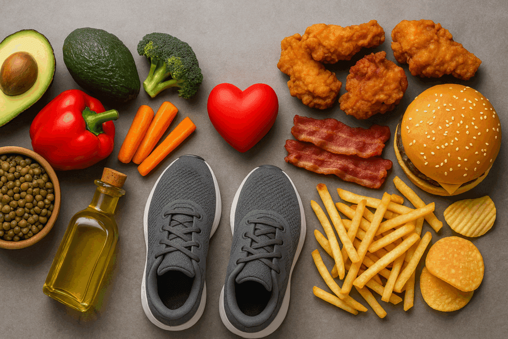 Comparison of ingredients for healthy low fat dinners for 2 with avocados, lentils, and olive oil versus fried foods and processed snacks
