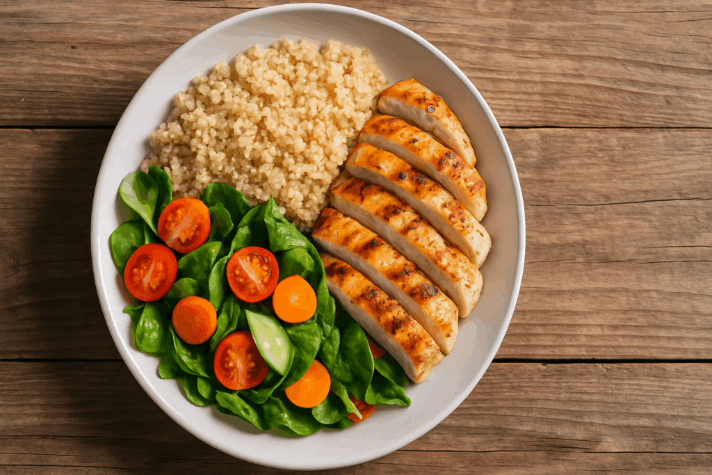 Balanced plate of quinoa, leafy greens with tomatoes, and grilled chicken on a rustic table—perfect example of healthy low fat dinners for 2.