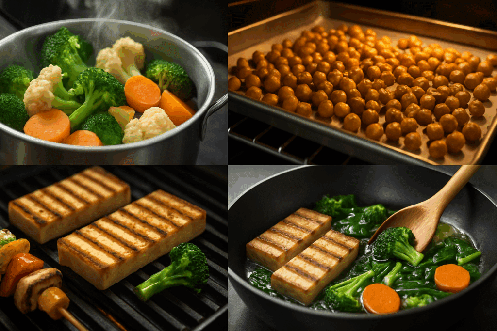 Steamed vegetables, roasted chickpeas, grilled tofu, and sautéed greens prepared as healthy low fat dinners for 2