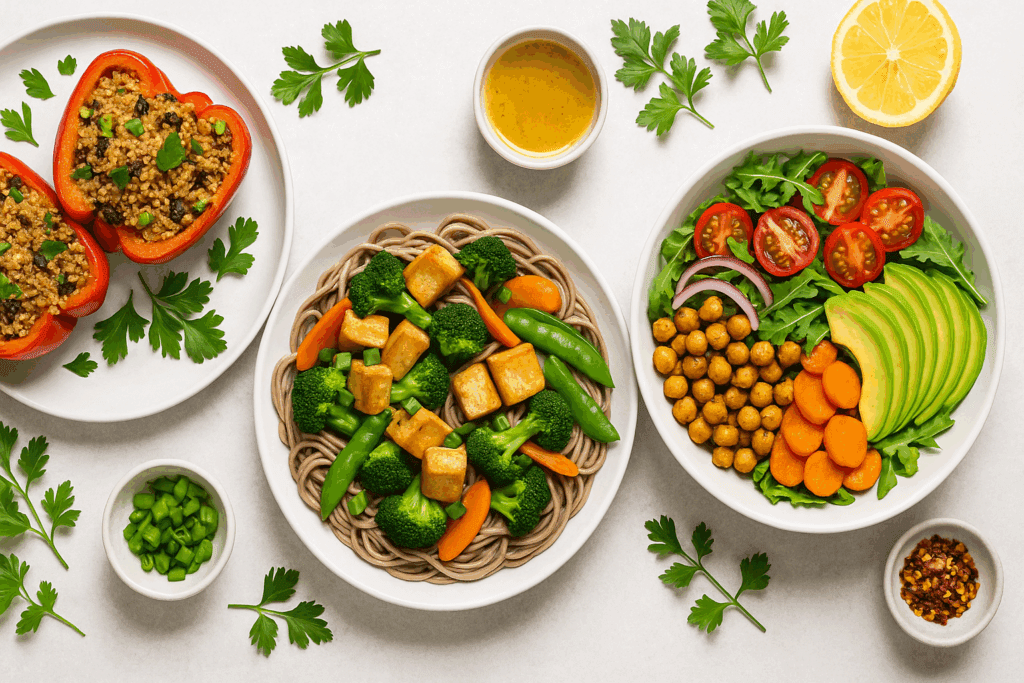 Three colorful plates of healthy low fat dinners for 2, including quinoa stuffed peppers, tofu stir-fry on soba noodles, and a roasted chickpea salad bowl with fresh vegetables.