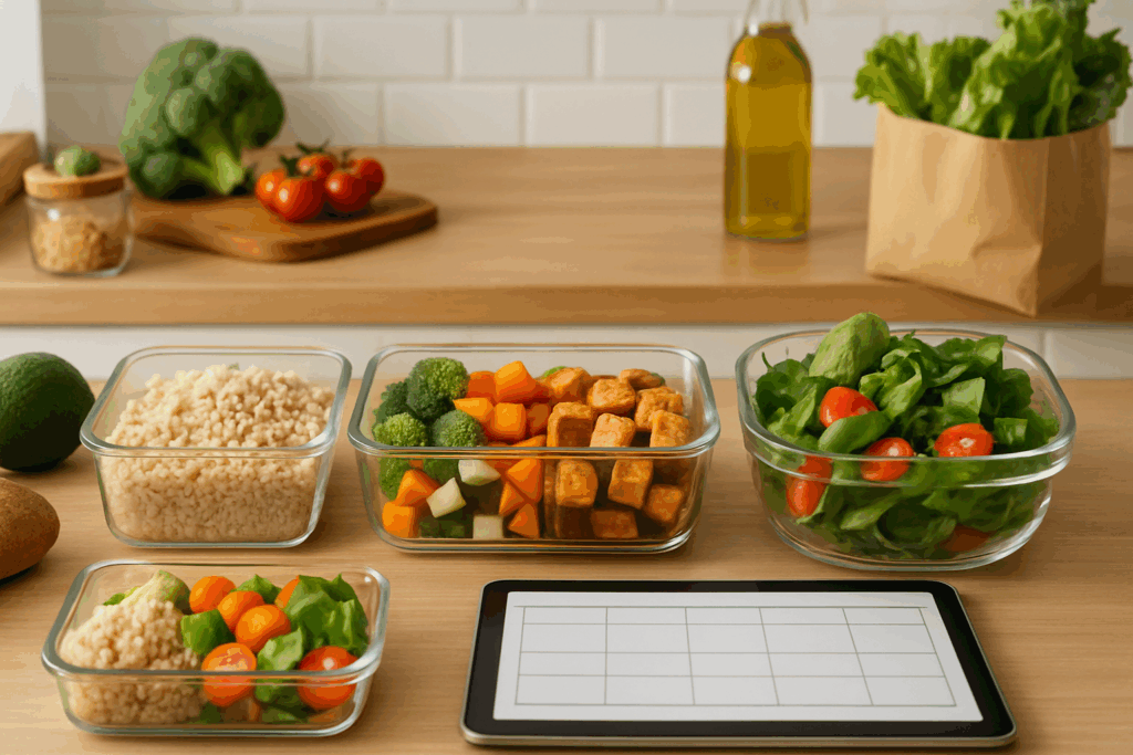 Glass containers with cooked grains, marinated tofu, and fresh vegetables on a tidy kitchen counter, ideal for healthy low fat dinners for 2