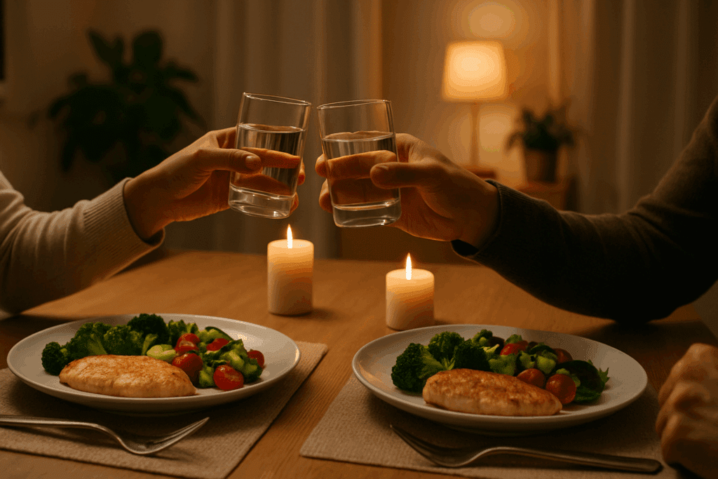 Two people clinking water glasses over a candlelit table set with healthy low fat dinners for 2, including grilled chicken and vegetables.