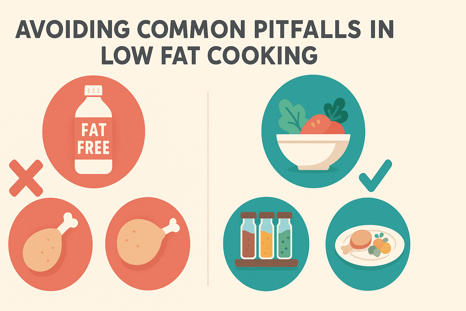 Infographic showing common mistakes and smart tips for preparing healthy low fat dinners for 2, using icons of fat-free products vs whole foods and spices