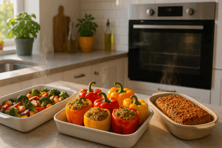 Colorful healthy oven dishes including roasted vegetables, quinoa-stuffed peppers, and lentil loaf steaming on a sunny kitchen counter.