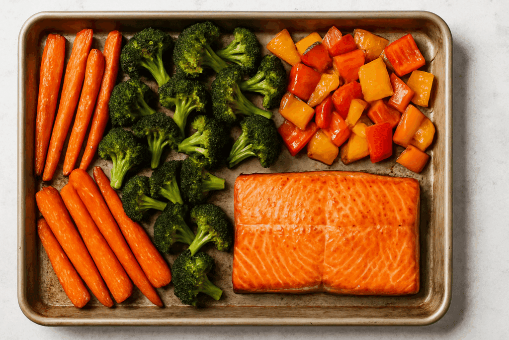 Roasted carrots, broccoli, and bell peppers with baked salmon on a sheet pan, showcasing colorful, healthy oven dishes.