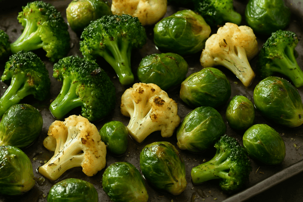 Oven-roasted broccoli, cauliflower, and Brussels sprouts with olive oil and herbs on a baking tray, showcasing healthy oven dishes.