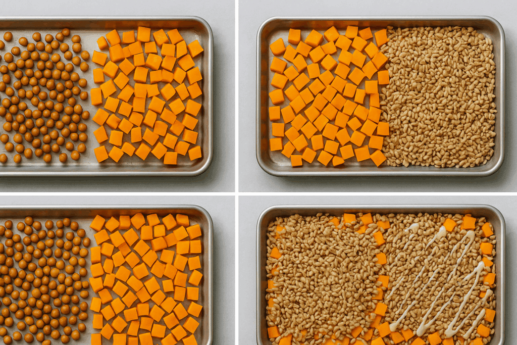 Step-by-step layout of healthy oven dishes with roasted chickpeas, butternut squash, farro, and tahini on a baking sheet