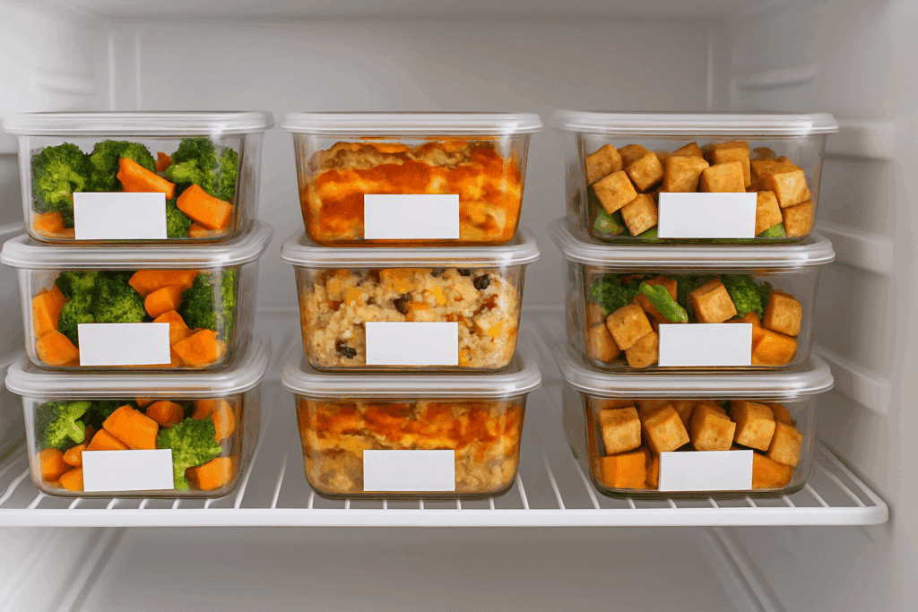 Meal prep containers filled with healthy oven dishes like roasted vegetables, tofu, and casseroles neatly organized in a refrigerator.