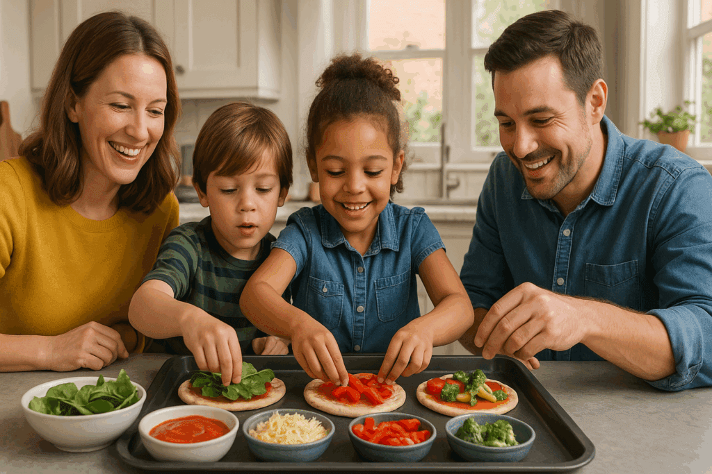 Smiling family making healthy oven dishes together, with kids adding vegetables to mini pita pizzas in a bright kitchen