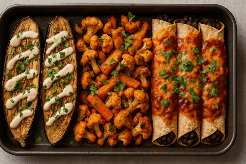 Healthy oven dishes featuring Mediterranean baked eggplant, Indian tandoori vegetables, and black bean enchiladas on a tray