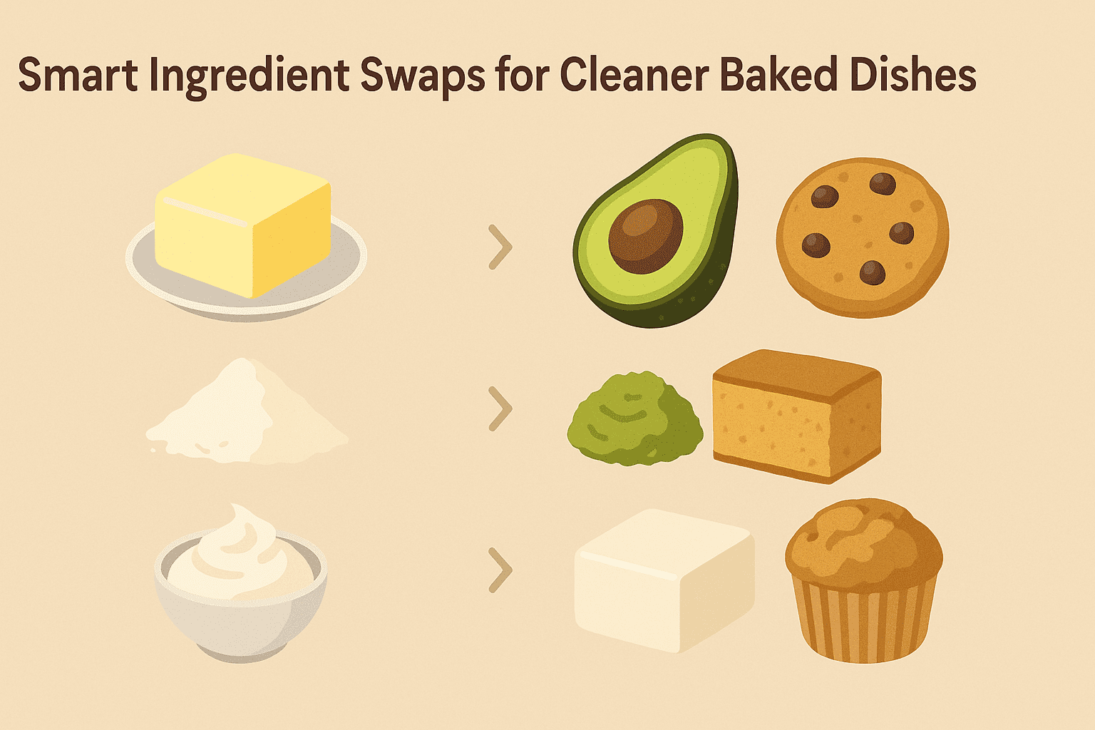 Infographic showing ingredient swaps like butter to avocado and cream to silken tofu for making healthy oven dishes