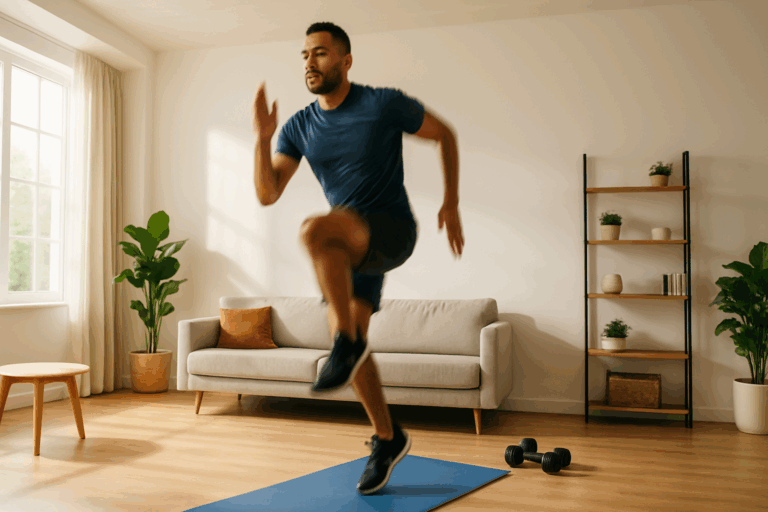 Man mid-jump during high-intensity training in a bright living room, illustrating best at home cardio workouts.