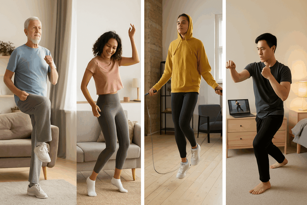 Heart-Pumping Benefits: Best At Home Cardio Workouts to Strengthen Your Heart and Boost Endurance Naturally 2 Senior doing standing marches, young woman dancing, person jumping rope, and man doing martial arts—showcasing the best at home cardio workouts for all lifestyles.