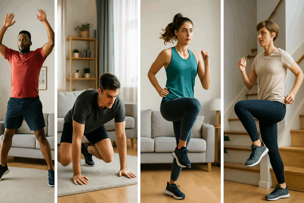 Heart-Pumping Benefits: Best At Home Cardio Workouts to Strengthen Your Heart and Boost Endurance Naturally 3 Diverse group of people performing the best at home cardio workouts like jumping jacks, burpees, and stair step-ups in living rooms.