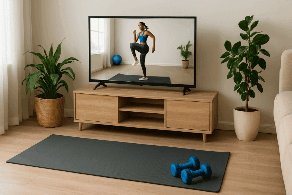 Heart-Pumping Benefits: Best At Home Cardio Workouts to Strengthen Your Heart and Boost Endurance Naturally 7 Modern home workout space with yoga mat, dumbbells, plants, and virtual trainer screen for best at home cardio workouts