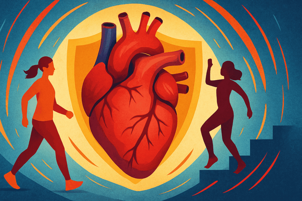 Heart-Pumping Benefits: Best At Home Cardio Workouts to Strengthen Your Heart and Boost Endurance Naturally 6 Stylized human heart shielded by dynamic figures walking, dancing, and stair climbing, symbolizing the best at home cardio workouts.