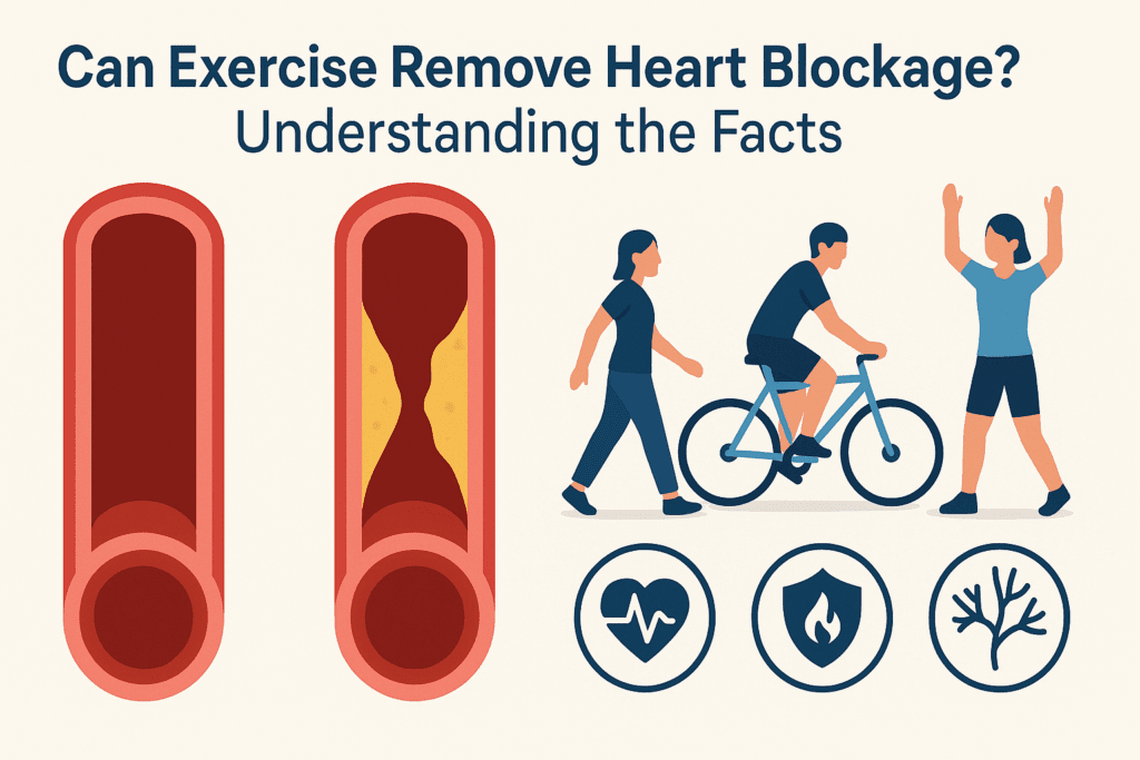 Heart-Pumping Benefits: Best At Home Cardio Workouts to Strengthen Your Heart and Boost Endurance Naturally 4 Medical-style diagram showing healthy and blocked arteries alongside people doing the best at home cardio workouts like walking, cycling, and light aerobics
