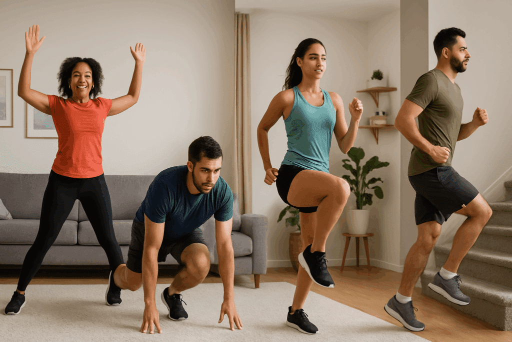 Heart-Pumping Benefits: Best At Home Cardio Workouts to Strengthen Your Heart and Boost Endurance Naturally 1 Diverse group of people doing the best at home cardio workouts like jumping jacks, burpees, high knees, and stair climbing in a cozy living room.