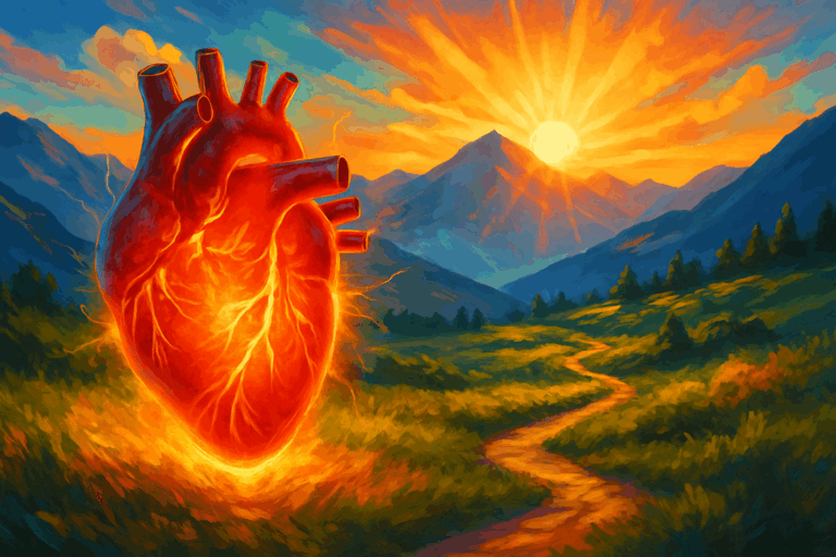 Anatomical heart glowing with energy in a sunrise mountain landscape, symbolizing vitality and how to prevent heart attack