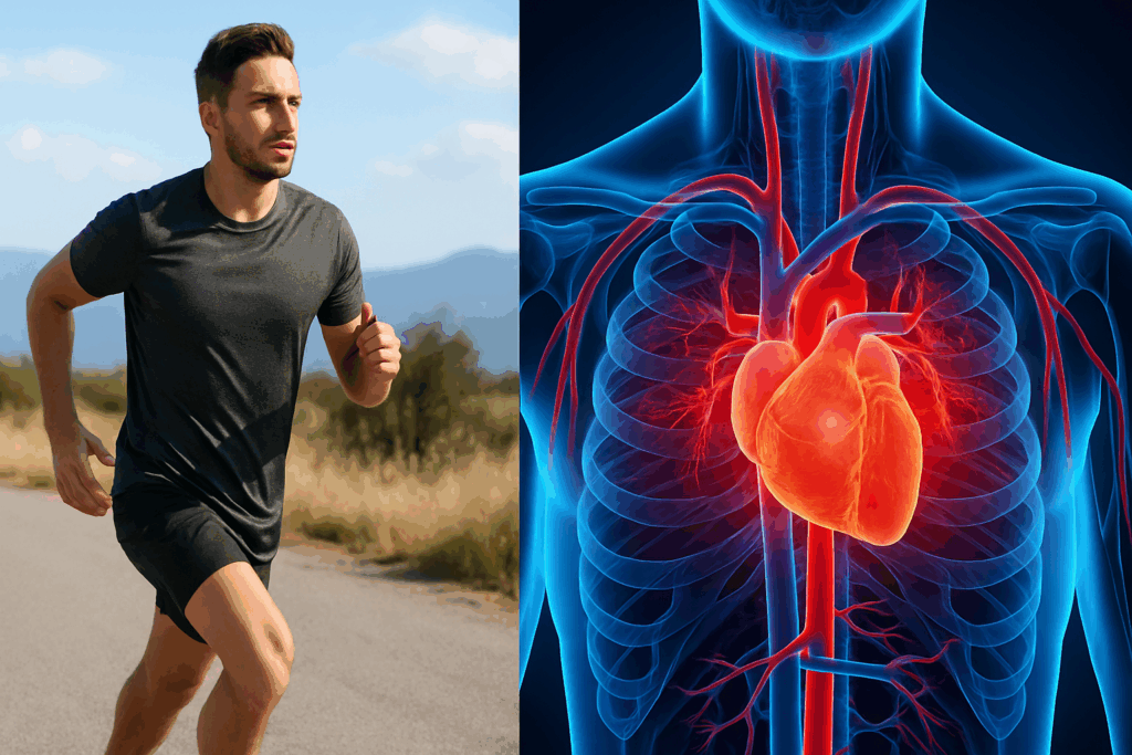 Heart Safety in Motion: How to Prevent Heart Attack and Boost Cardiovascular Endurance Naturally 1 Athlete running outdoors beside a medical diagram of the heart and circulatory system illustrating how to prevent heart attack through cardiovascular fitness.
